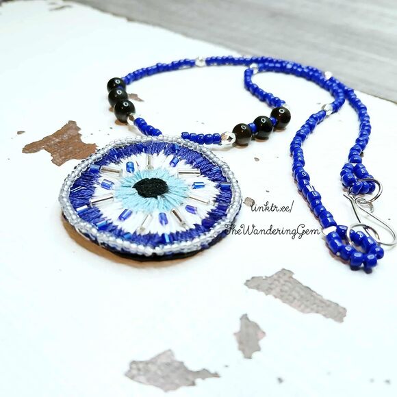 Hand Embroidered Evil Eye Beaded Choker Necklace, 15" - Picture 3 of 7
